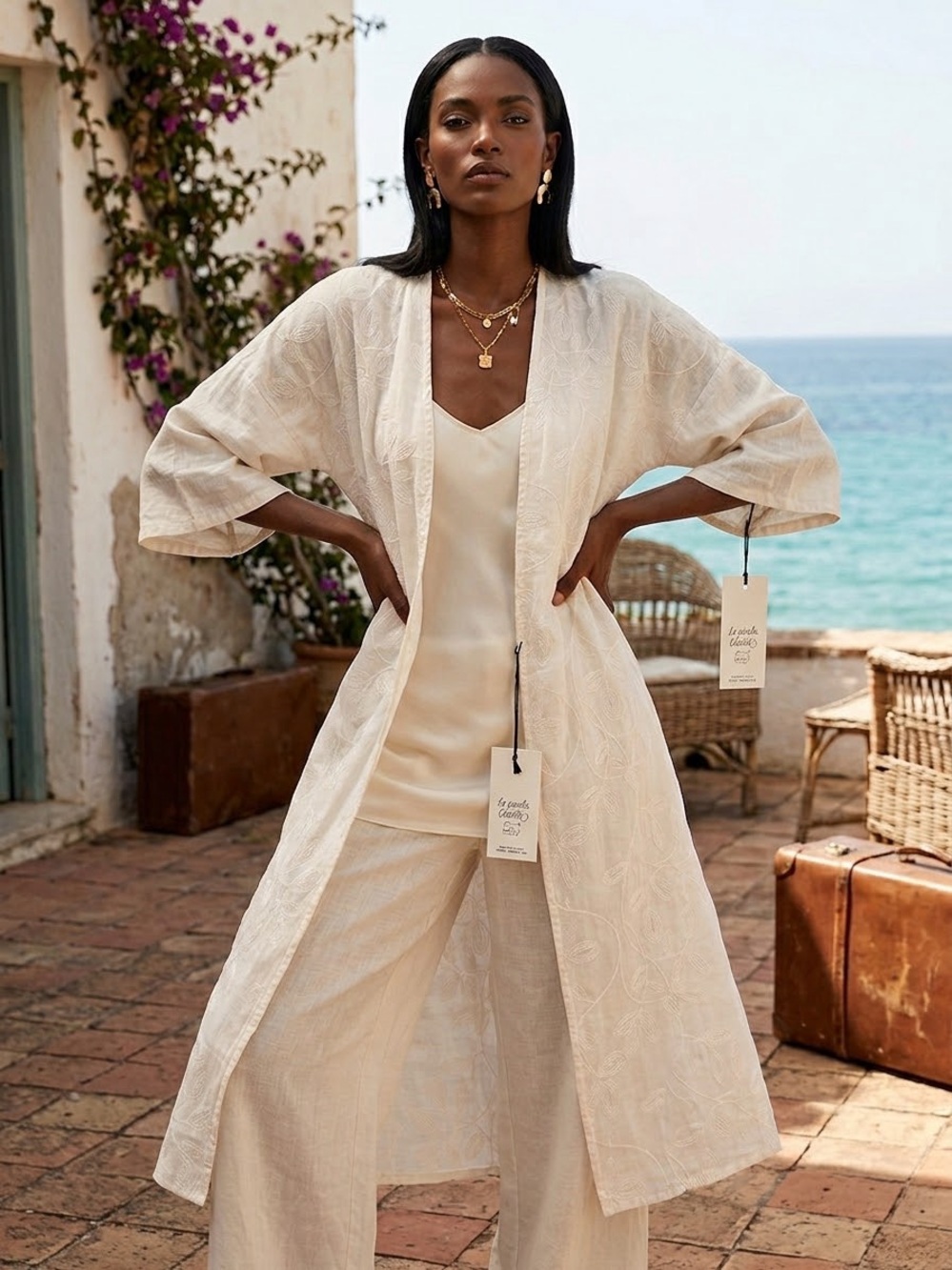 NWT La Piccola Creativa Italy 100% Linen Embroidered Kimono Duster Cardigan
